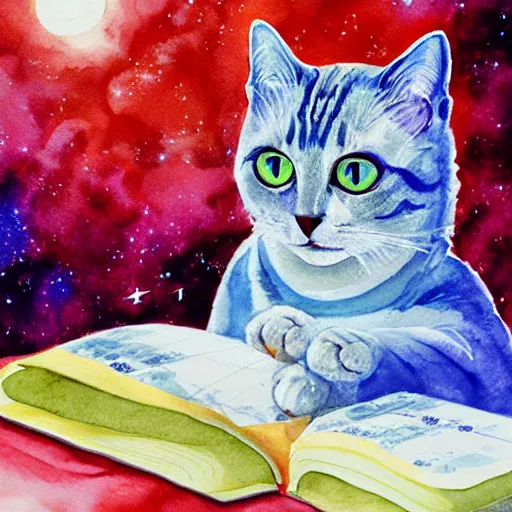 Image similar to cat doing mathematics in space. watercolor. amazing painting. high resolution. highly realistic. cool tones. close - up. 8 k. trending on artstation.
