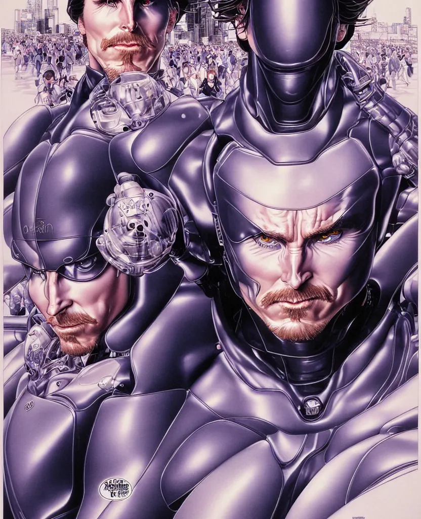 Prompt: realistic detailed portrait of christian bale 9 0 s movie poster symmetrical depth perception masterpiece depth of field vivid colors art by yoshitaka amano by yukito kishiro by yoshiyuki sadamoto by artgerm by hajime sorayama