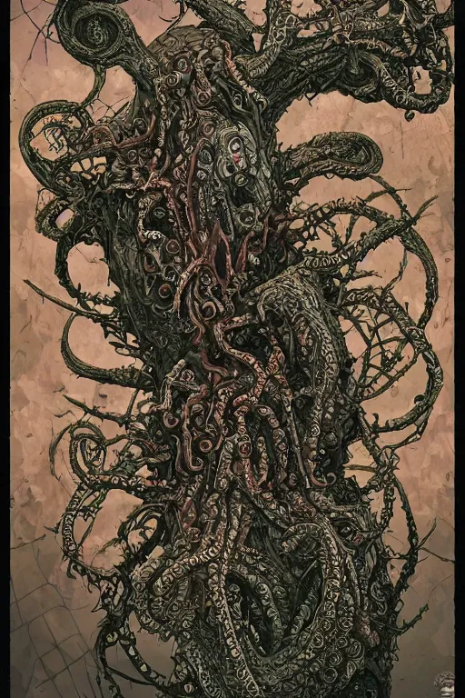 Image similar to centered horrifying detailed side view profile portrait of a insane, crazed, mad old bald zombie, cthulhu, eldritch abomination, dunwitch horror, ornate tentacles growing around, ornamentation, thorns, vines, tentacles, elegant, beautifully soft lit, full frame, 8 k by wayne barlowe, peter mohrbacher, kelly mckernan, h r giger