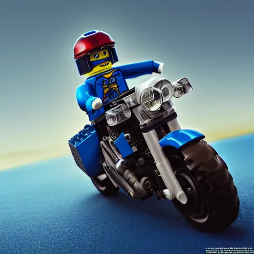 Image similar to a lego minifigure wearing a blue jean and blue shirt and a grey beanie, he is riding a very red ducati panigale, 3 d octane render, artstation, concept art, smooth, sharp focus ilustration hq, octane render, hyperrealistic, aenaluck, artgerm, greg rutkowski