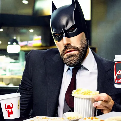 Prompt: A photo of Ben Affleck's Batman eating at KFC. Extremely detailed. 4K