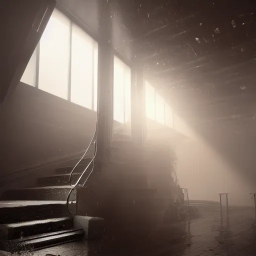 Image similar to staircase labrynth, several staircases folding into each other, water dripping from the ceilings, foggy atmosphere, beam of light, ufos, cinematic lighting, ultra details, incredibly realistic, octane rendering, z brush, unreal engine 5, photorealistic, 8k