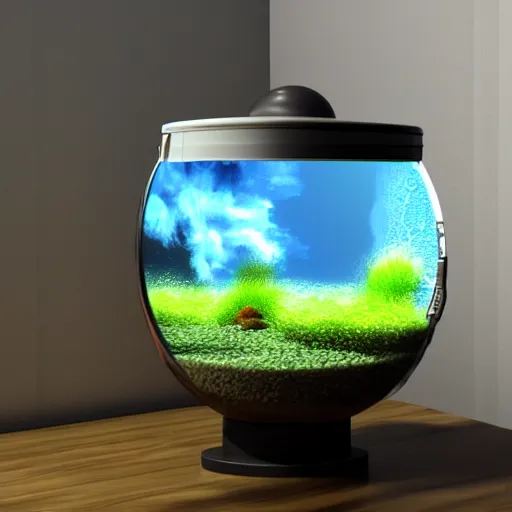 Prompt: cloud in a fish - tank in front of a window, hyper realistic, octane render