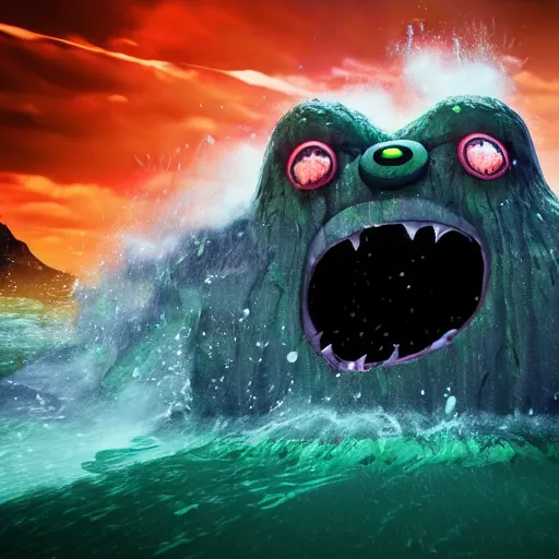 Prompt: the pain is splattered on the sad monster's green face while huge waves crash against him, water sprays into the air, black sky in background, hints of red and yellow, fantasy, unreal engine