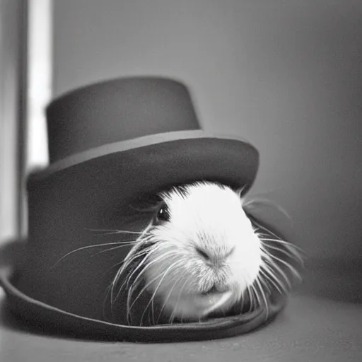 Prompt: a guinea pig wearing a bowler hat, grainy black and white photograph