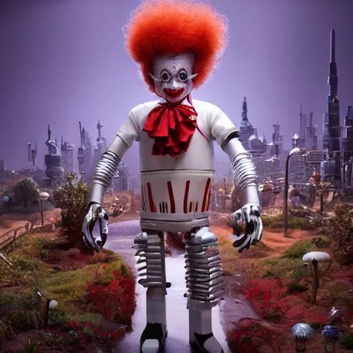 Prompt: clown from the movie it as a cyborg robot on a miniature town, studio lighting, unreal render, unreal engine 5, octane render, enchanted plants, cinematic, intricate, ornate, photorealistic, ultra detailed, realistic, 1 0 0 mm, photography, octane, high definition, depth of field, bokeh, 8 k, behance, trending on artstation