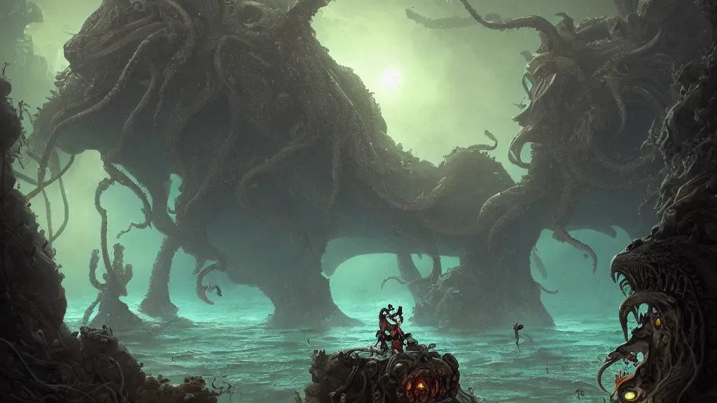 Prompt: A diver is under the sea, he has a treasure with him, he is swimming away from the giant Cthulhu that is behind hunting him, this is an extravagant planet with wacky wildlife and some mythical animals, the background is full of ancient ruins, the ambient is dark with a terrifying atmosphere, by Jordan Grimmer digital art, trending on Artstation,
