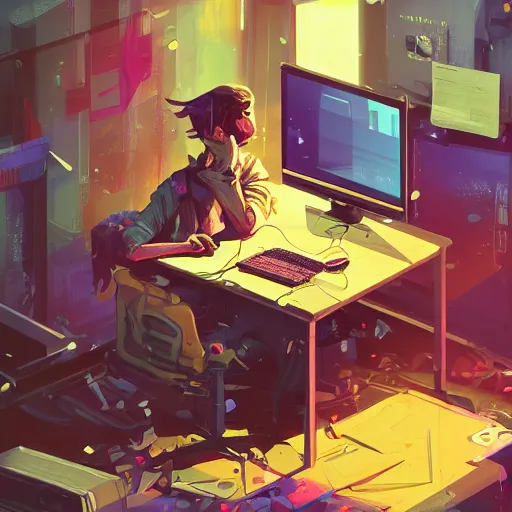 Image similar to a man sitting at a computer in a messy cluttered room, cyberpunk art by Victor Mosquera, Anton Fadeev, omineAdrian theCHAMBA, behance contest winner, pixiv contest winner, tumblr contest winner, panfuturism, deconstructivism, parallax, https://i.ibb.co/Wz2Fw91/sebastian-szmyd-vhs-cyberpunk-2.jpg