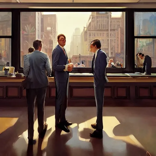 Prompt: epic cinematic hyperrealism masterpiece where happy businessmen appear. realistic poster with shaded lighting by craig mallismo, artgerm, jeremy lipkin and michael garmash, unreal engine, radiant light, detailed and complex environment, digital art, art station trends