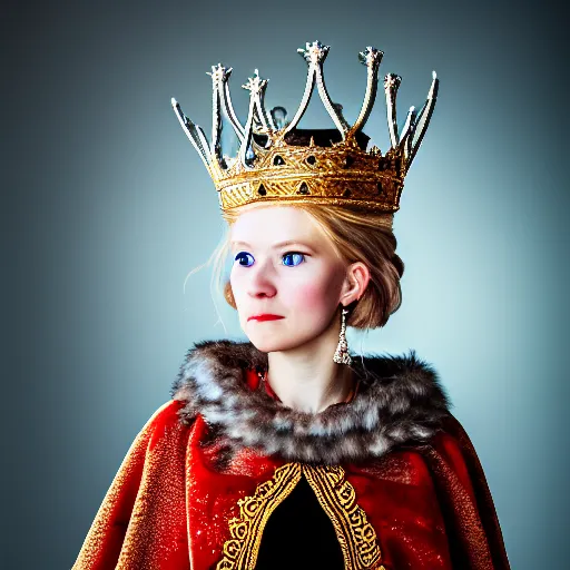 Prompt: portrait photograph of a very beautiful nordic queen with ornate cloak, bokeh, graflex camera, macro 15mm