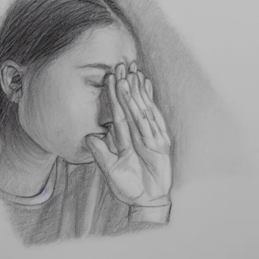 Prompt: a girl holding the bathroom sink while facing the mirror and crying, pencil sketch