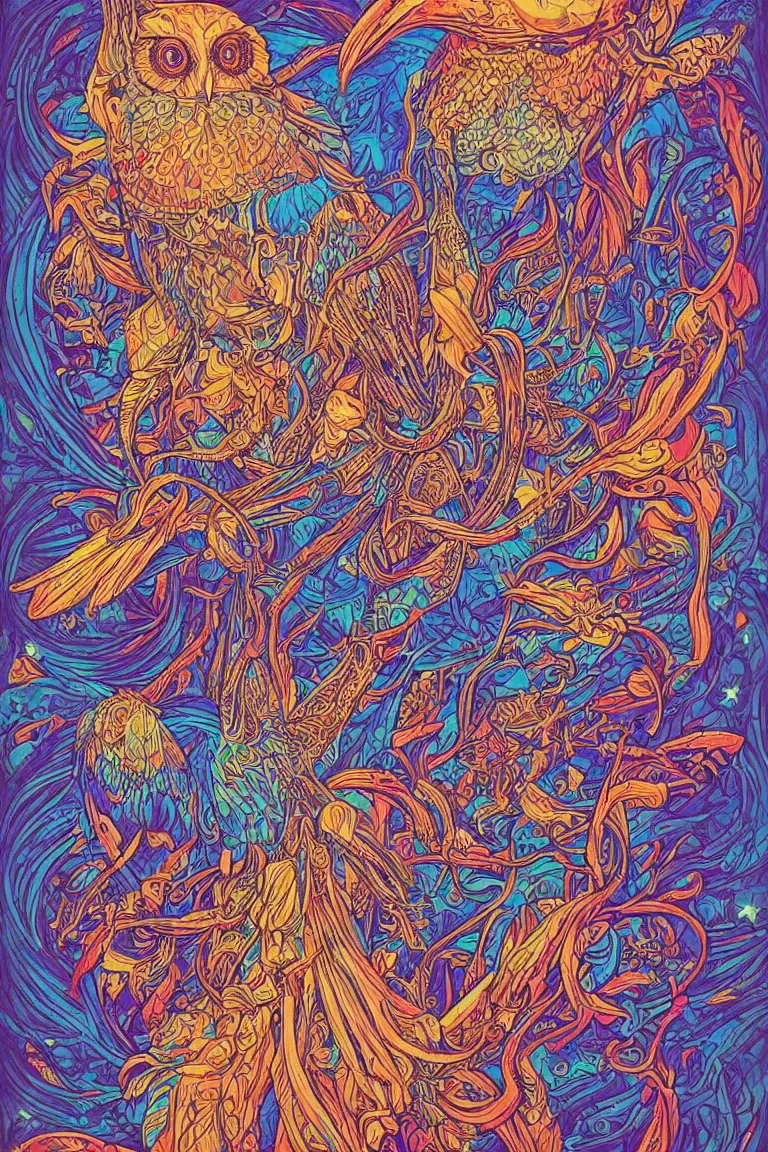 Image similar to beautiful colorful hyperrealist highly detailed psychedelic music poster'the electric owls live at the fillmore ', symmetrical full body, beautiful high contrast colored wood engraving, moebius comic style, shocking detail trending on artstation 8 k