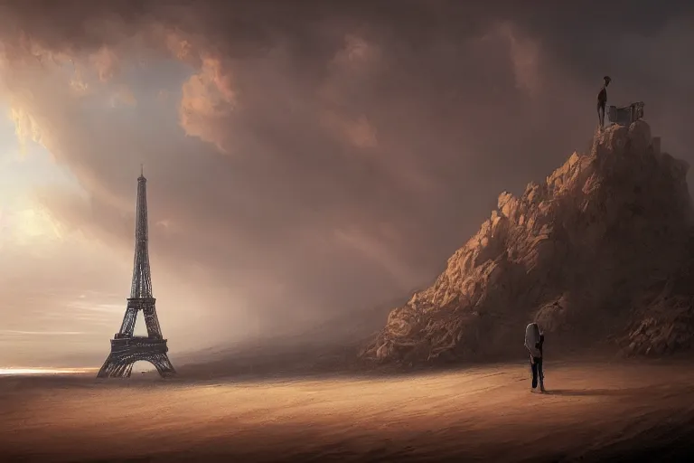 Image similar to a man in the desert looking at the summit of the Eiffel Tower emerging from the sand by Jonas De Ro, digital painting, atmospheric, sand, stormy horizon