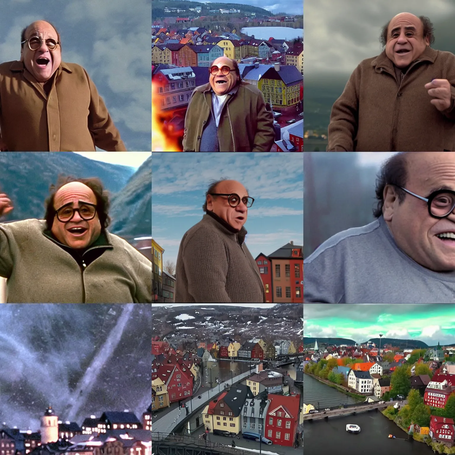 Prompt: Danny DeVito is a giant, he is attacking Trondheim, Norway, screenshot from movie