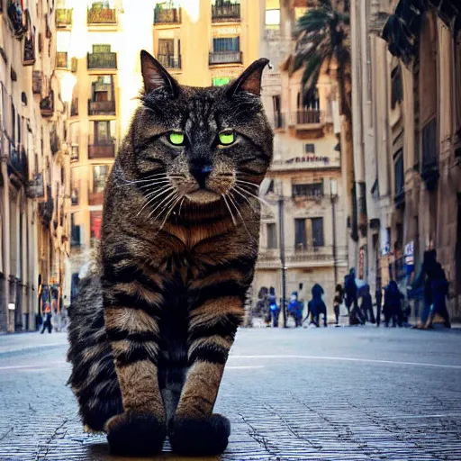 Image similar to a hairy giant cat destroying barcelona with laser eyes