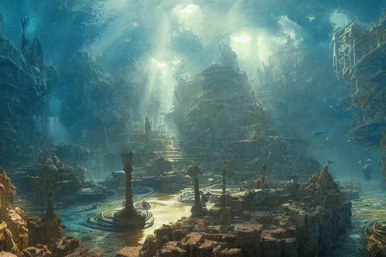 Image similar to a scenic landscaping view of the lost and abandoned city of Atlantic under water, ray of sunlight, mermaids in distance, Greg Rutkowski, Moebius, Mohrbacher, Mucha, blue and gold color scheme, ultra wide angle, ultra detailed, light effect