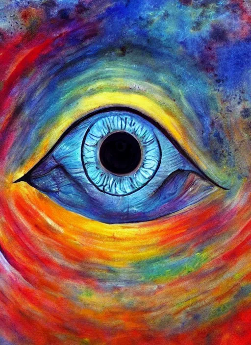 Prompt: a beautiful painting of a single all-knowing eye in a cloudy sky, visionary art, beautiful colors