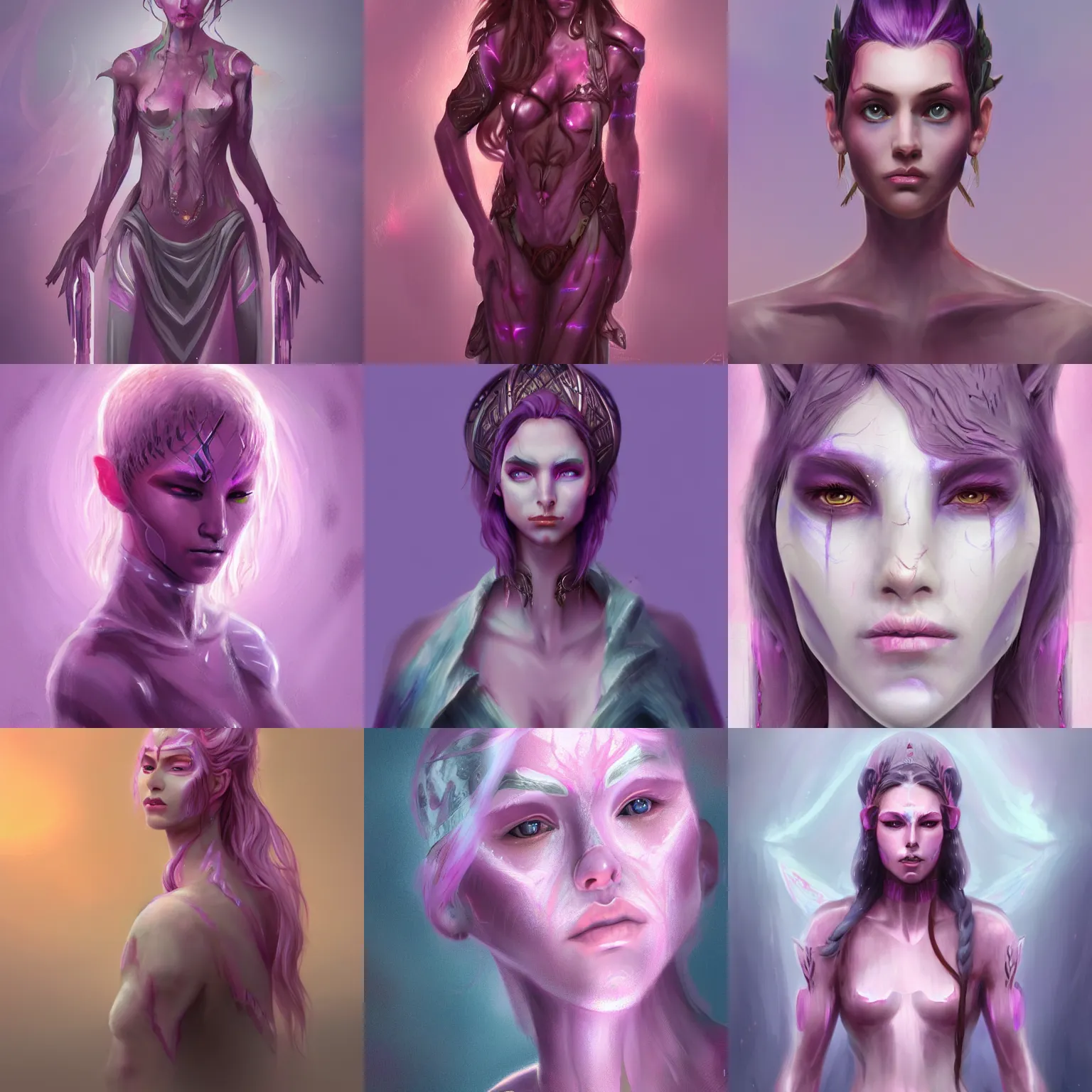 Prompt: An elfen goddess scars, digital painting, trending on artstation, concept art, pastel pink and purple hues