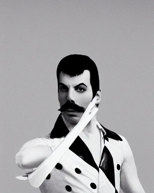 Prompt: clean white pristine minimalist volumetric Freddie Mercury by Jules Julien