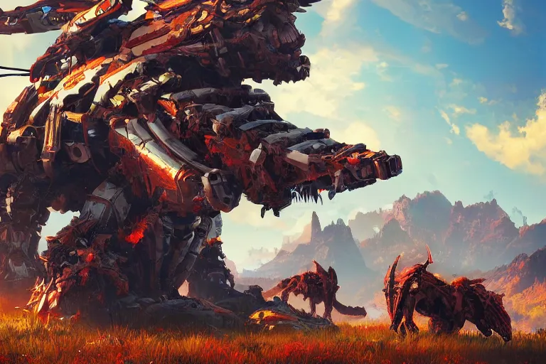 Image similar to ravager machine mecanical creature robot of horizon forbidden west horizon zero dawn radiating a glowing aura global illumination ray tracing hdr fanart arstation by ian pesty and alena aenami artworks in 4 k