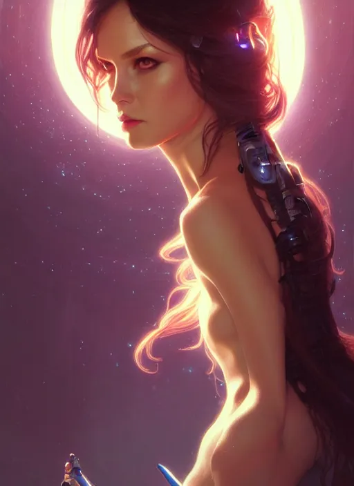 Image similar to futuristic woman portrait, sci-fi, amber eyes, face, long hair, fantasy, intricate, elegant, highly detailed, digital painting, artstation, concept art, smooth, sharp focus, illustration, art by artgerm and greg rutkowski and alphonse mucha