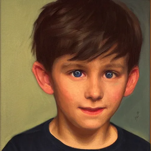 Prompt: Portrait of a young boy looking at the camera. The boy has brown and curled hair, his eyes are just two black dots. The boy is wearing a white pajamas with long sleeves. Dark bright effect. The background is dark and a beam of light illuminates the boy. A painting by Dean Cornwell.