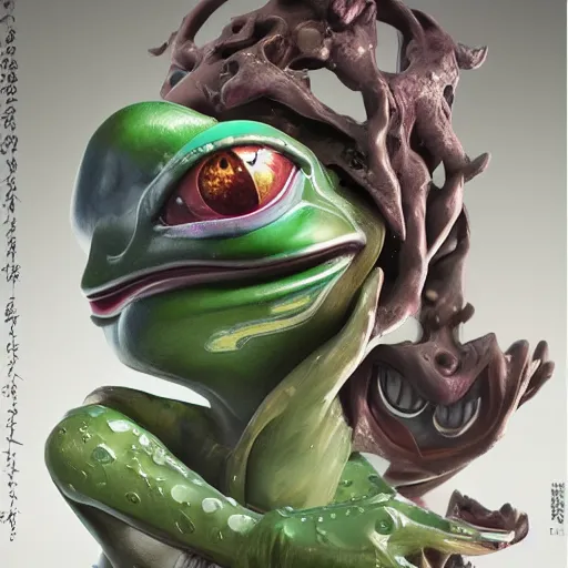 Image similar to plasticine wet shiny angles, crystal, moonlit, mirrors, camera angled dramatically, realistic hyperdetailed design of pepe the frog meme, ferocious, chinese mythology, victo nga, fumo yoshitoshi, ren jing jeong, feifei ruan, peter mohrbacher, takato yamamoto