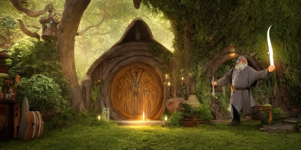 Prompt: a hobbit in his home at the shire with gandalf casting spells and batman dances fantasy hi quality 4 k render,