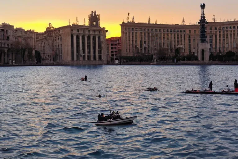 Prompt: views of catastrophic barcelona's buildings covered with high water, people on boats, floating cars, sunset lighting, photo real