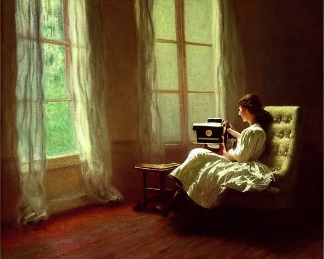 Image similar to beautiful vintage woman sitting in a loveseat using a rotary phone, cinematic lighting, albert bierstadt, claude monet, artstation