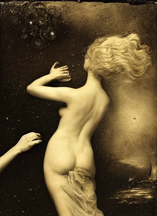 Image similar to old wetplate birth of venus, fractal, intricate, elegant, highly detailed, parallax, leica, medium format, subsurface scattering, by jheronimus bosch and greg rutkowski and louis jacques mande daguerre