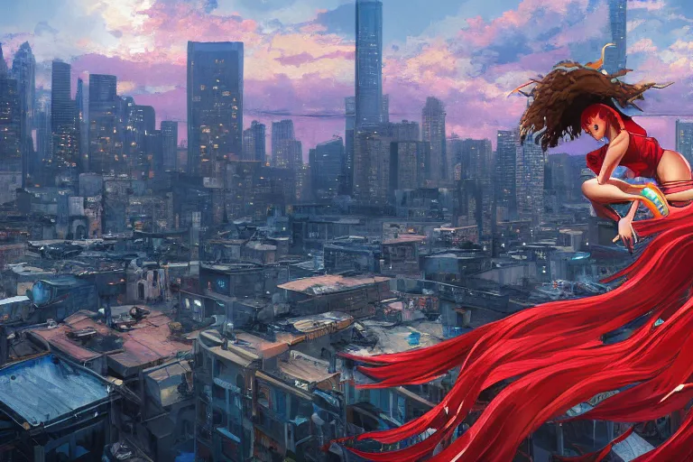 Prompt: beyonce dressed as a ninja riding a red horse on a harlem rooftop, highly detailed, 4k resolution, lighting, anime scenery by Makoto shinkai