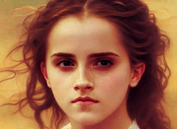 Image similar to painting of emma watson as hermione granger. focus on eyes. green eyes. extreme close up. beautiful. gorgeous. during golden hour. art by william adolphe bouguereau.