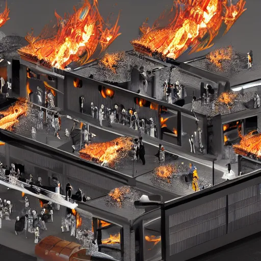 Prompt: a nightmarish office call centre with all the workers on fire. highly detailed. intricate ink and matte painting