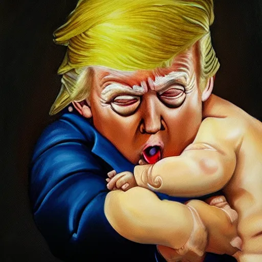 Image similar to a painting of a gigantic Donald Trump eating a boy like Saturn Devouring His Son, 2d, ultra highly detailed, rococo painting, smooth, sharp focus, artstation, pixiv, art by Francisco Goya