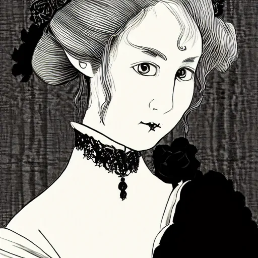 Prompt: Portrait a woman in Victorian clothing, Art by Yana Toboso, manga, black and white, japanese ink, high contrast, digital art