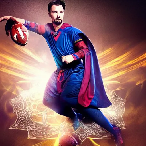 Prompt: conceptual football uniform with doctor strange outfit design, photography, filmic, cinematic, glamor shot