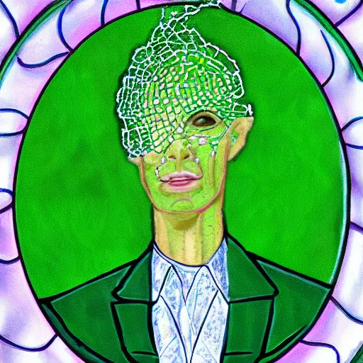 Prompt: HD symbolic fantasy portrait of the smart artist, dressed in green clothes with a crystalline neural lace