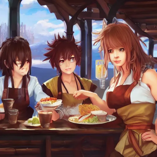 Prompt: A waitress serves food and drink to a group of tavern patrons. Fantasy anime, digital art by WLOP.