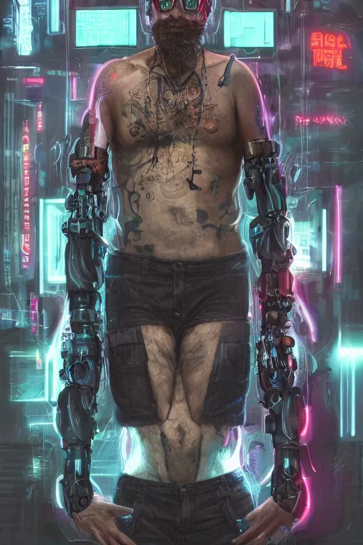 Image similar to a full body illustration of an male cyberpunk character wearing bionic implants, criminal mugshot, bald, bearded, highly detailed, oil on canvas, soft lighting, neon pastel colors, by WLOP and Greg Staples, HD, 4K