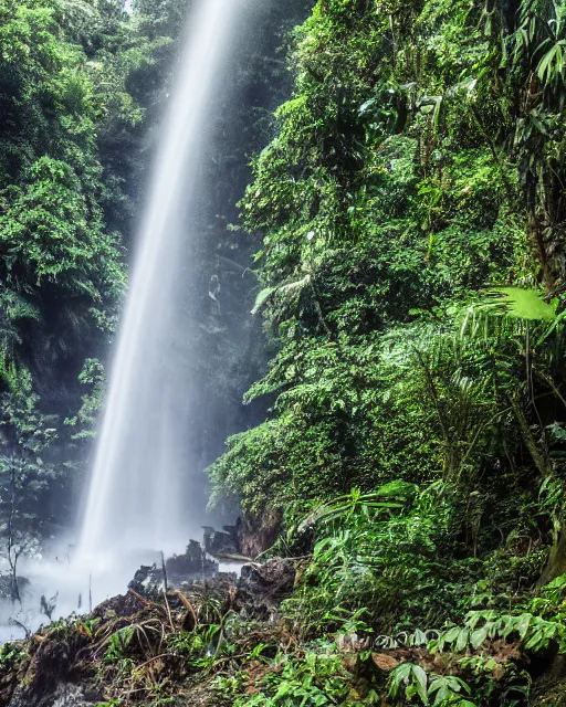 Prompt: A hidden waterfall in the jungle, Ruins are visible, smokey scene, 8k, professional photography,