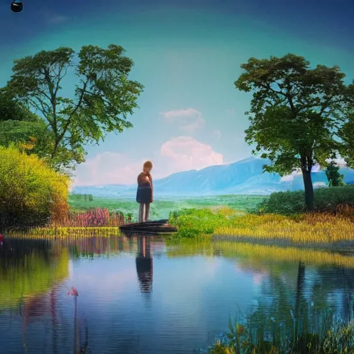 Prompt: a portal into a beautiful lake landscape in summer, romantic ambiente, no people, reed on riverbank, no mountains, clear sky, sunshine, colorful colors, by Mohrbacher and Moebius and Alphonse Mucha and Roger Deakins, cinematic lighting, masterpiece, highly detailed, 8k resolution, trending on art station