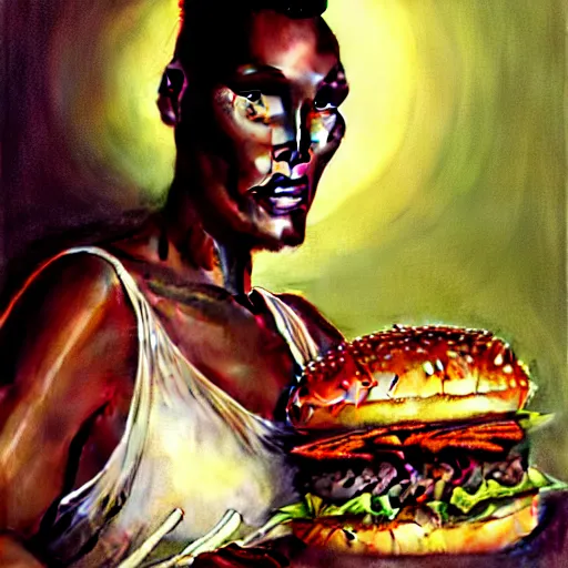 Prompt: painted portrait of ( grace jones ) eating giant hamburgers, mature, handsome, fantasy, intricate, elegant, highly detailed, digital painting, artstation, concept art, sharp focus, illustration, illumination, holy ethereal light, art by gaston bussiere and alphonse mucha