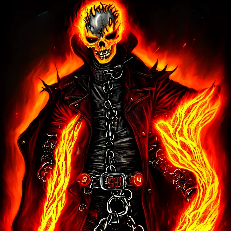 Image similar to Ghost Rider wearing a leather coat and chains, flaming grim reaper, demons of hell, the pits of hell, headshot photo, character concept, dark souls concept art, Feng Zhu concept art, dramatic lighting, highly stylized, trending on artstation, high-quality wallpaper, desktopography