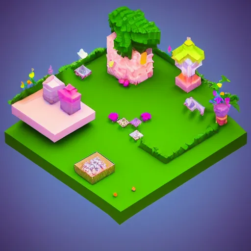 Image similar to 3D isometric cubic cute fairy garden, isometric voxel, 3D