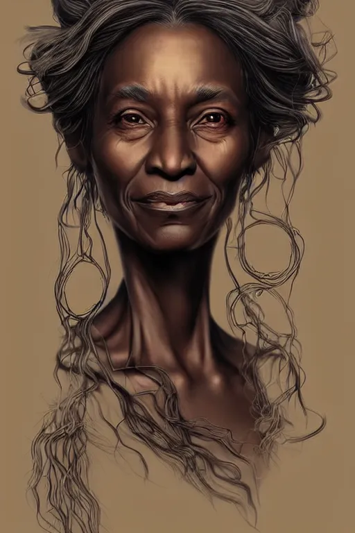 Prompt: very old wrinkled black woman crone with long scraggly hair wearing rags, character portrait, concept art, intricate details, highly detailed photorealistic portrait in the style of adam hughes, seseon yoon, artgerm and warren louw