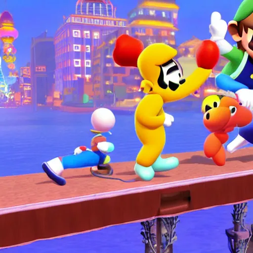 Image similar to The Beatles performing, in Super Mario Odyssey, ingame screenshot