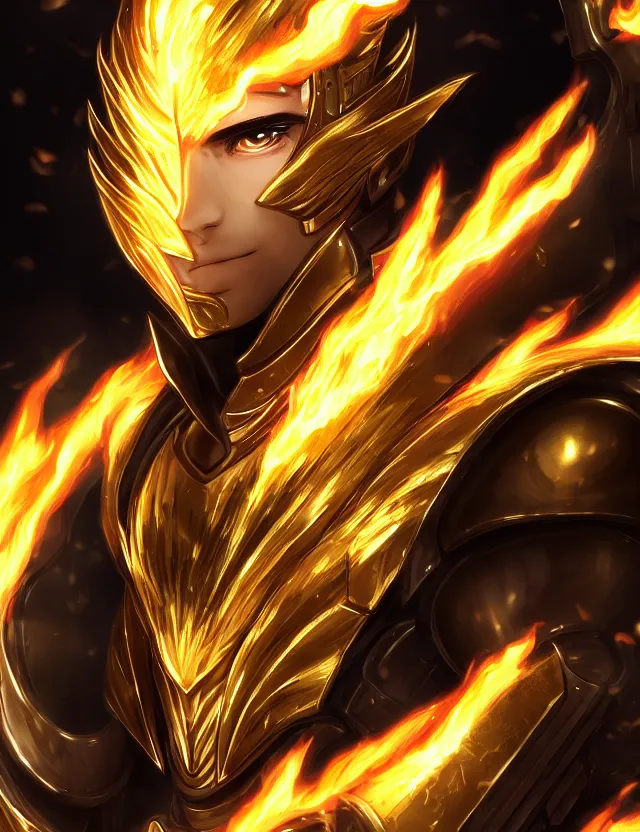 Image similar to a detailed manga portrait of a black haired man with hazel eyes in gleaming golden armour that burns with golden fire, trending on artstation, digital art, 4 k resolution, detailed, high quality, sharp focus, hq artwork, coherent, insane detail, character portrait