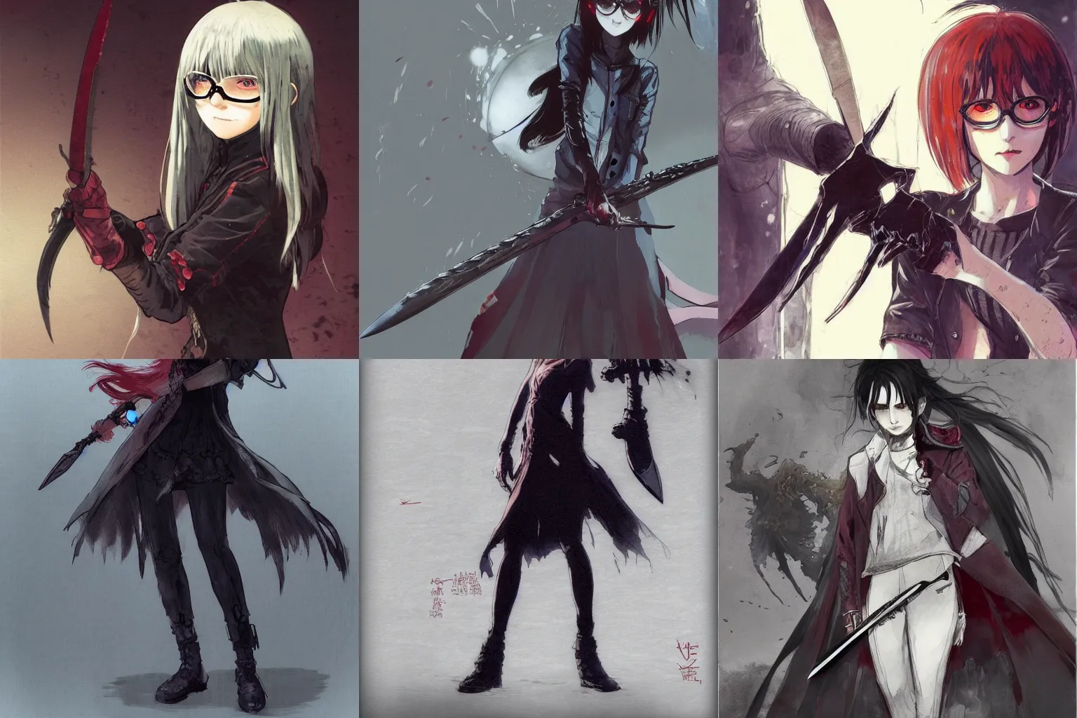 Prompt: concept art of a vampire girl with round glasses, holding a knife, draw by akihiko yoshida and tsutomu nihei and makoto shinkai and wadim kashin and john berkey