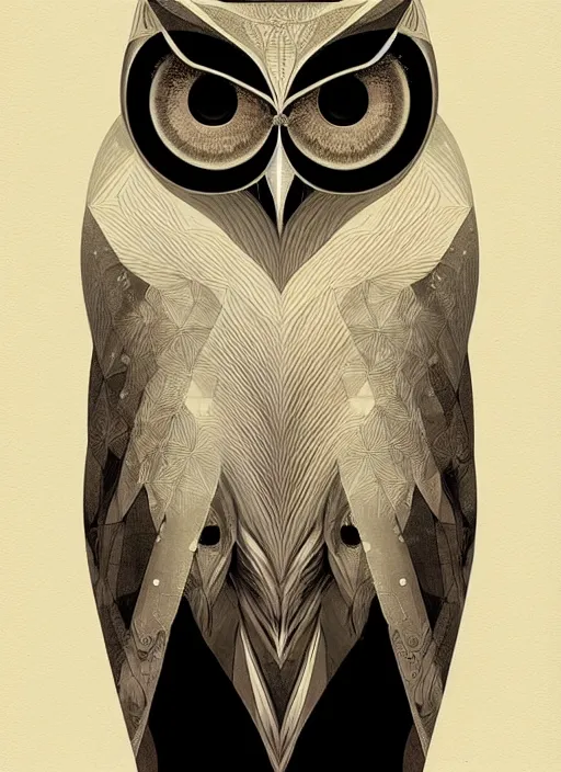 Image similar to portrait of a geometric owl, identical eyes, medium shot, illustration, full body made of white feathers, symmetrical, art stand, super detailed, cinematic lighting, and its detailed and intricate, gorgeous, by peter mohrbacher